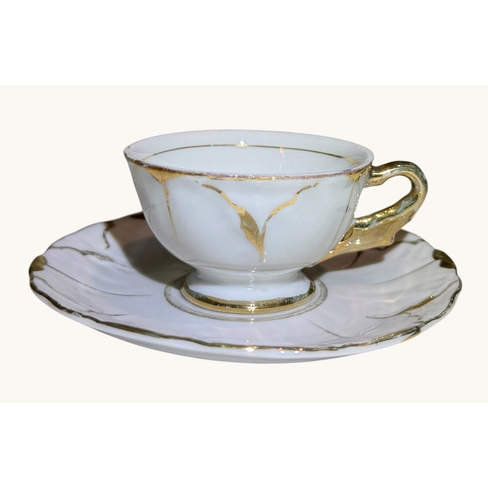 Vintage Demitasse Cup & Saucer Gold Gilt White Porcelain Made in Japan 1950s